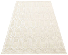 Cream Wool Area Rug - Geometric Machine Made Carpet With Soft Textured Wool