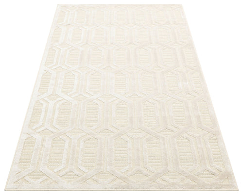Cream Wool Area Rug - Geometric Machine Made Carpet With Soft Textured Wool
