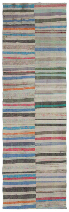 Girit Beige Striped Wool Handmade Area Rug 4'1" x 13'2"