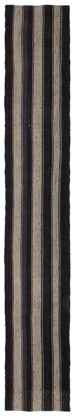 Girit Black Striped Wool Handmade Area Rug 2'2" x 13'10"