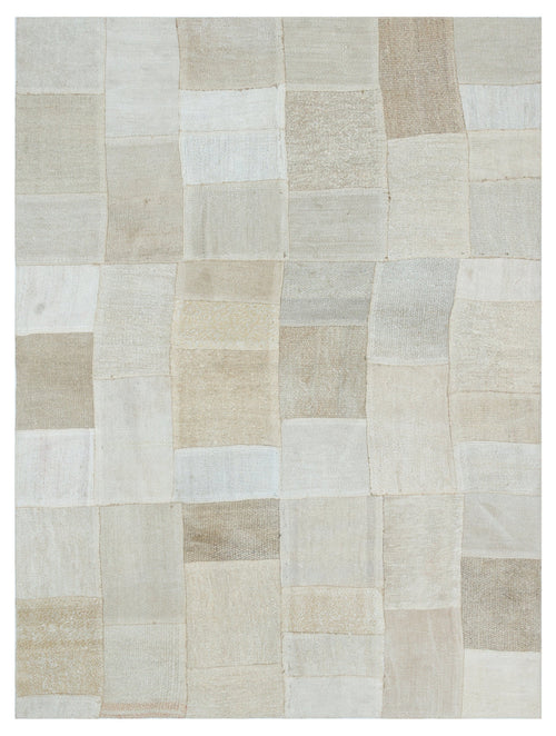 Teselya Beige Patchwork Wool Handmade Area Rug 4'11" x 6'8"
