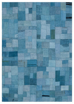 Teselya Blue Patchwork Wool Handmade Area Rug 5'3" x 7'6"