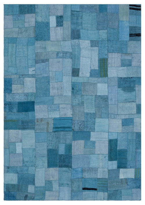Teselya Blue Patchwork Wool Handmade Area Rug 5'3" x 7'6"