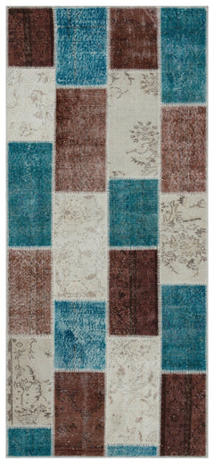 Iskece 33126 Beige Patchwork Wool Handmade Area Rug 3'10" x 8'6"
