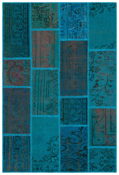 Iskece 33139 Turquoise Patchwork Wool Handmade Area Rug 3'11" x 5'11"