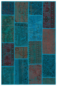 Iskece 33153 Turquoise Patchwork Wool Handmade Area Rug 3'11" x 5'11"