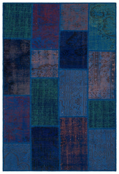 Iskece 33158 Blue Patchwork Wool Handmade Area Rug 3'11" x 5'11"