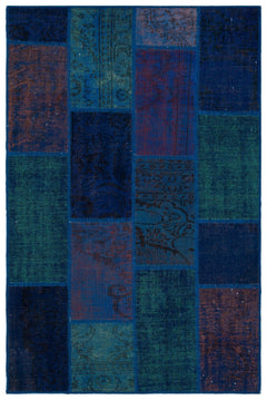 Iskece 33170 Blue Patchwork Wool Handmade Area Rug 3'11" x 5'11"