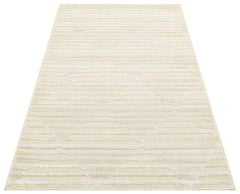 Cream Wool Area Rug - Machine Made Geometric Carpet With Soft Textured Viscose