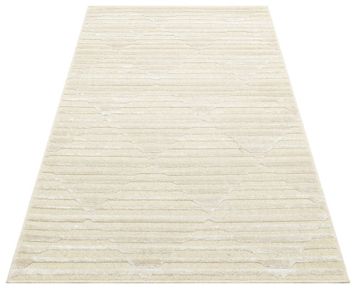 Cream Wool Area Rug - Machine Made Geometric Carpet With Soft Textured Viscose