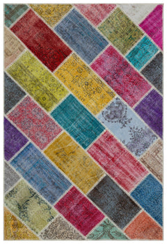 Iskece 33213 Beige Patchwork Wool Handmade Area Rug 5'3" x 7'9"