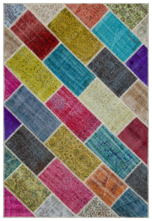 Iskece 33214 Beige Patchwork Wool Handmade Area Rug 5'3" x 7'7"