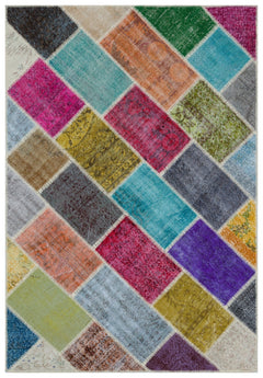 Iskece 33217 Beige Patchwork Wool Handmade Area Rug 5'3" x 7'7"