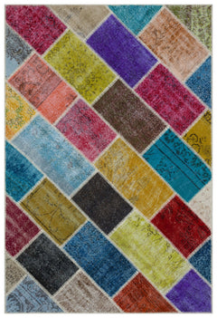 Iskece 33225 Beige Patchwork Wool Handmade Area Rug 5'3" x 7'7"
