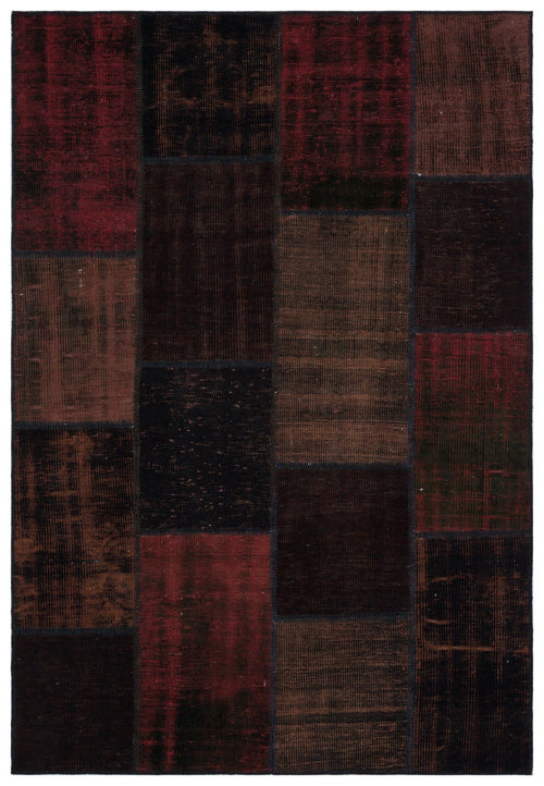 Iskece 33229 Burgundy Patchwork Wool Handmade Area Rug 5'3" x 7'7"