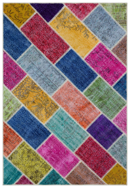 Iskece 33236 Beige Patchwork Wool Handmade Area Rug 5'3" x 7'7"