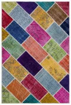 Iskece 33237 Beige Patchwork Wool Handmade Area Rug 5'3" x 7'7"