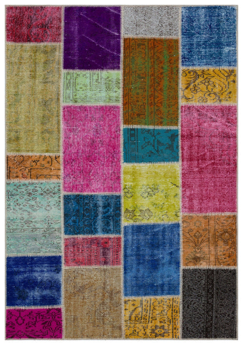 Iskece 33265 Beige Patchwork Wool Handmade Area Rug 5'3" x 7'6"