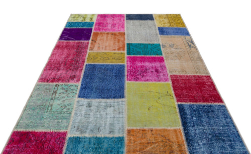 Iskece 33274 Beige Patchwork Wool Handmade Area Rug 5'3" x 7'7"