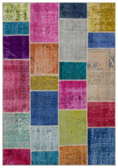 Iskece 33274 Beige Patchwork Wool Handmade Area Rug 5'3" x 7'7"