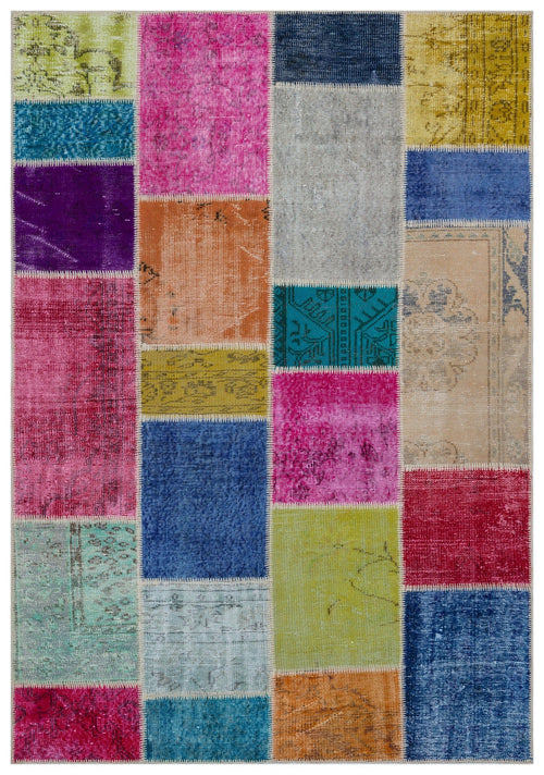 Iskece 33274 Beige Patchwork Wool Handmade Area Rug 5'3" x 7'7"