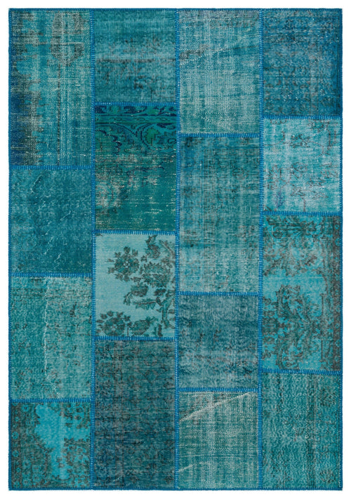 Iskece 33288 Turquoise Patchwork Wool Handmade Area Rug 5'3" x 7'7"