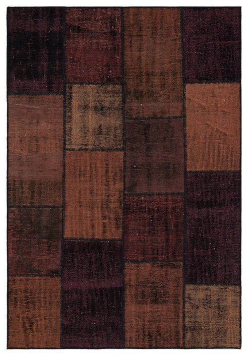 Iskece 33869 Burgundy Patchwork Wool Handmade Area Rug 5'3" x 7'7"