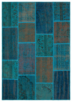 Iskece 33882 Turquoise Patchwork Wool Handmade Area Rug 5'3" x 7'7"