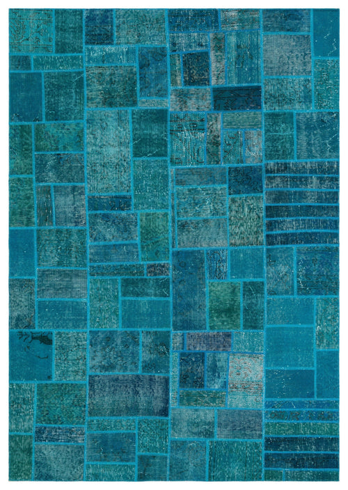 Iskece 33887 Turquoise Patchwork Wool Handmade Area Rug 5'3" x 7'7"