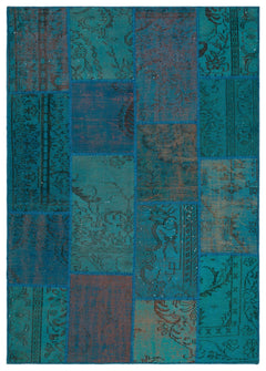 Iskece 33888 Turquoise Patchwork Wool Handmade Area Rug 5'3" x 7'7"
