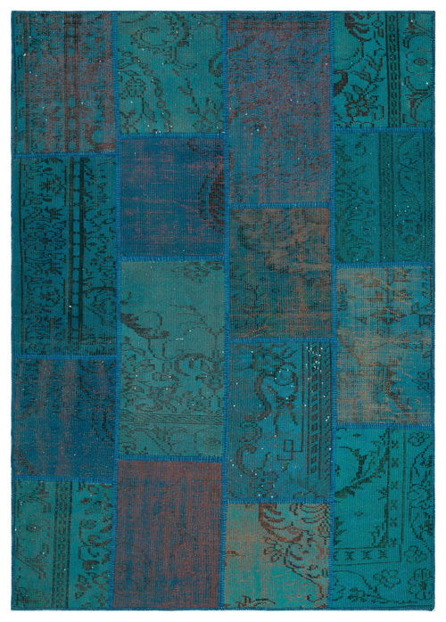Iskece 33888 Turquoise Patchwork Wool Handmade Area Rug 5'3" x 7'7"