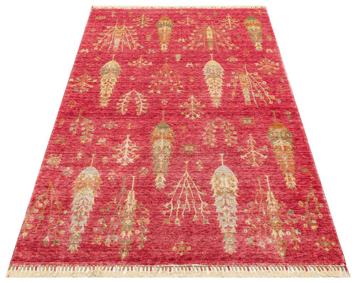 Handmade Viscose Rug – Modern Red Area Rug With Floral Pattern, Soft Texture