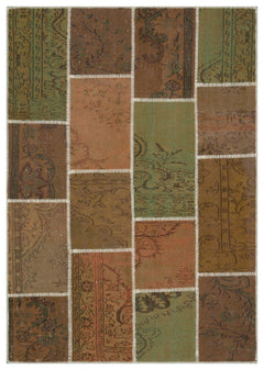 Iskece 33890 Brown Patchwork Wool Handmade Area Rug 5'3" x 7'7"