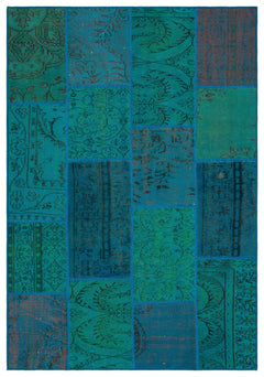 Iskece 33891 Turquoise Patchwork Wool Handmade Area Rug 5'3" x 7'7"