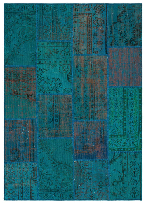 Iskece 33893 Turquoise Patchwork Wool Handmade Area Rug 5'3" x 7'7"