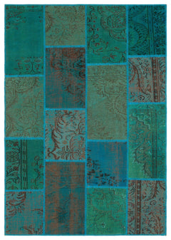 Iskece 33916 Turquoise Patchwork Wool Handmade Area Rug 5'3" x 7'7"