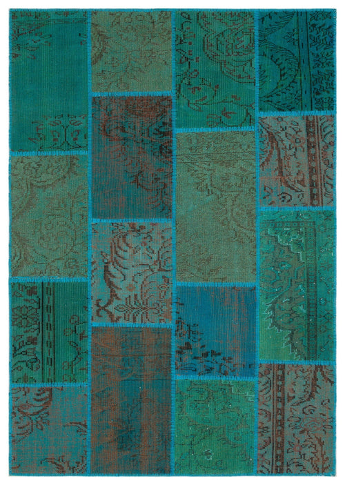 Iskece 33916 Turquoise Patchwork Wool Handmade Area Rug 5'3" x 7'7"