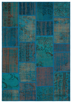 Iskece 33921 Turquoise Patchwork Wool Handmade Area Rug 5'3" x 7'7"