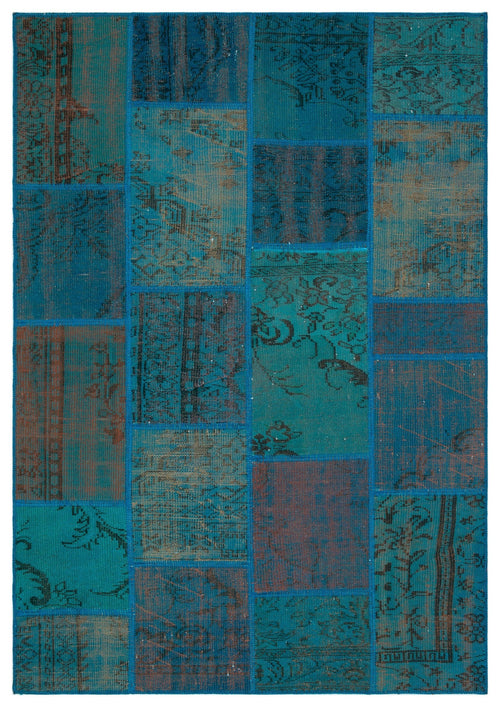 Iskece 33921 Turquoise Patchwork Wool Handmade Area Rug 5'3" x 7'7"