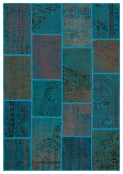 Iskece 33944 Turquoise Patchwork Wool Handmade Area Rug 5'3" x 7'7"