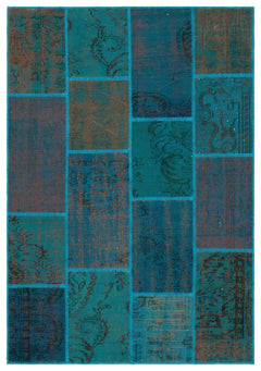 Iskece 33949 Turquoise Patchwork Wool Handmade Area Rug 5'3" x 7'7"