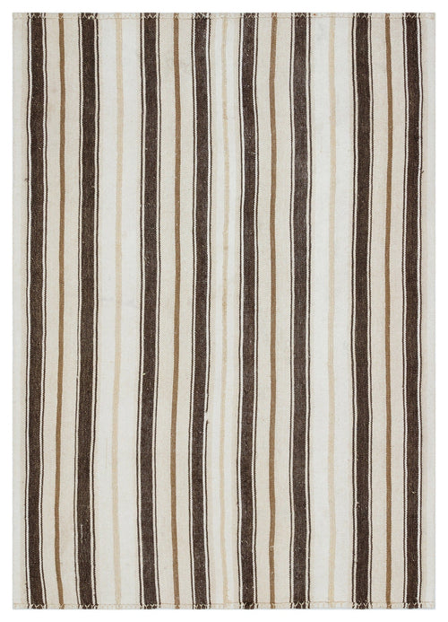 Girit Beige Striped Wool Handmade Area Rug 5'1" x 7'2"