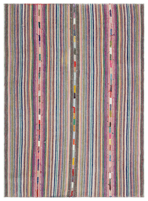 Girit Beige Striped Wool Handmade Area Rug 5'11" x 8'3"