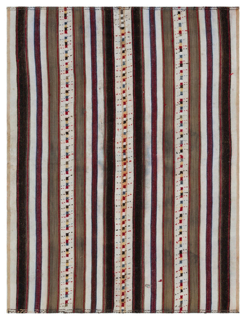 Girit Beige Striped Wool Handmade Area Rug 5'2" x 7'0"