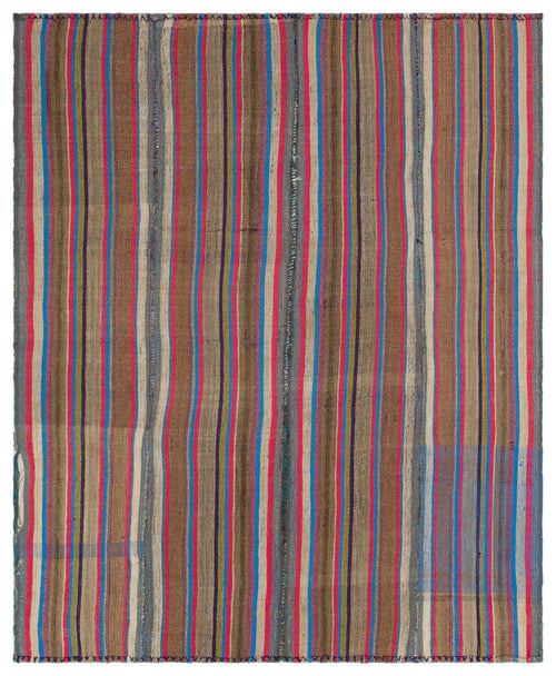 Girit Beige Striped Wool Handmade Area Rug 5'4" x 8'6"