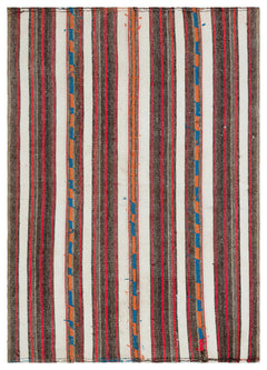 Girit Beige Striped Wool Handmade Area Rug 5'5" x 7'6"