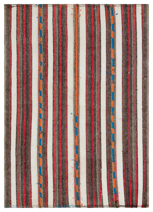 Girit Beige Striped Wool Handmade Area Rug 5'5" x 7'6"