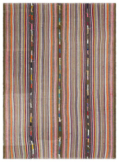 Girit Beige Striped Wool Handmade Area Rug 5'2" x 8'7"