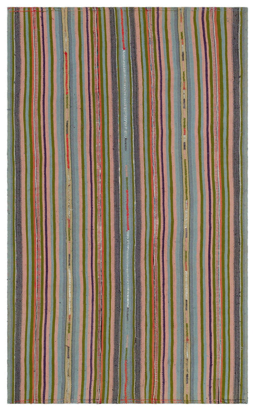 Girit Beige Striped Wool Handmade Area Rug 5'2" x 8'6"