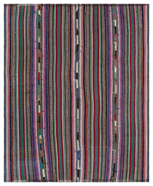 Girit Green Striped Wool Handmade Area Rug 4'11" x 8'8"